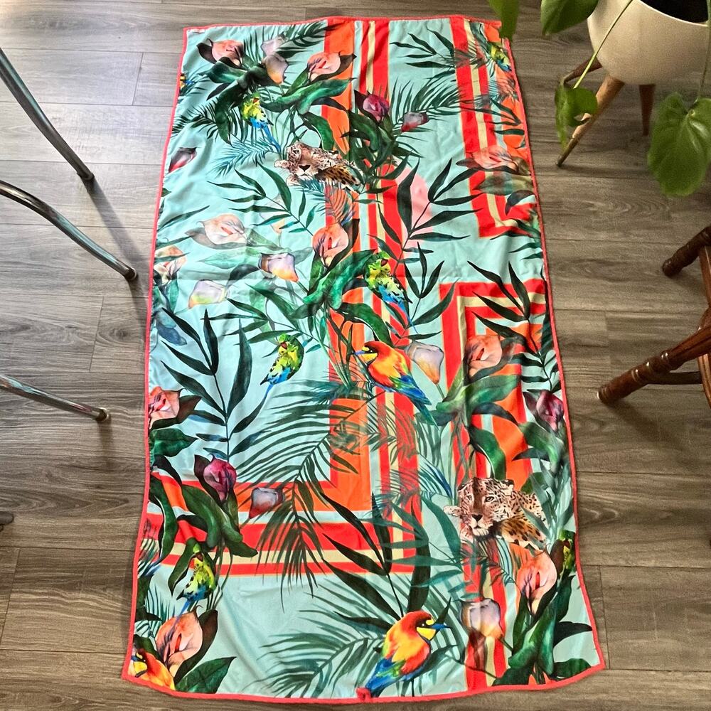 Johnny was double sided tropical and cheetah coral teal beach towel 67”x37.5”htf